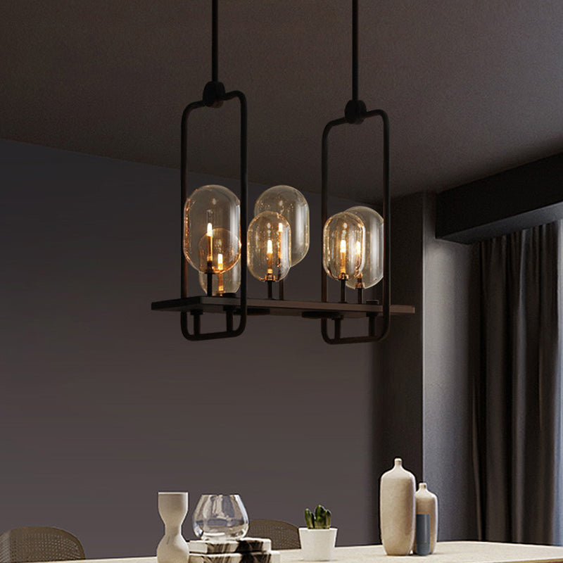 Industrial Amber Glass Hanging Light Fixture - Capsule Restaurant Island Lighting (6/8 Bulbs Black)