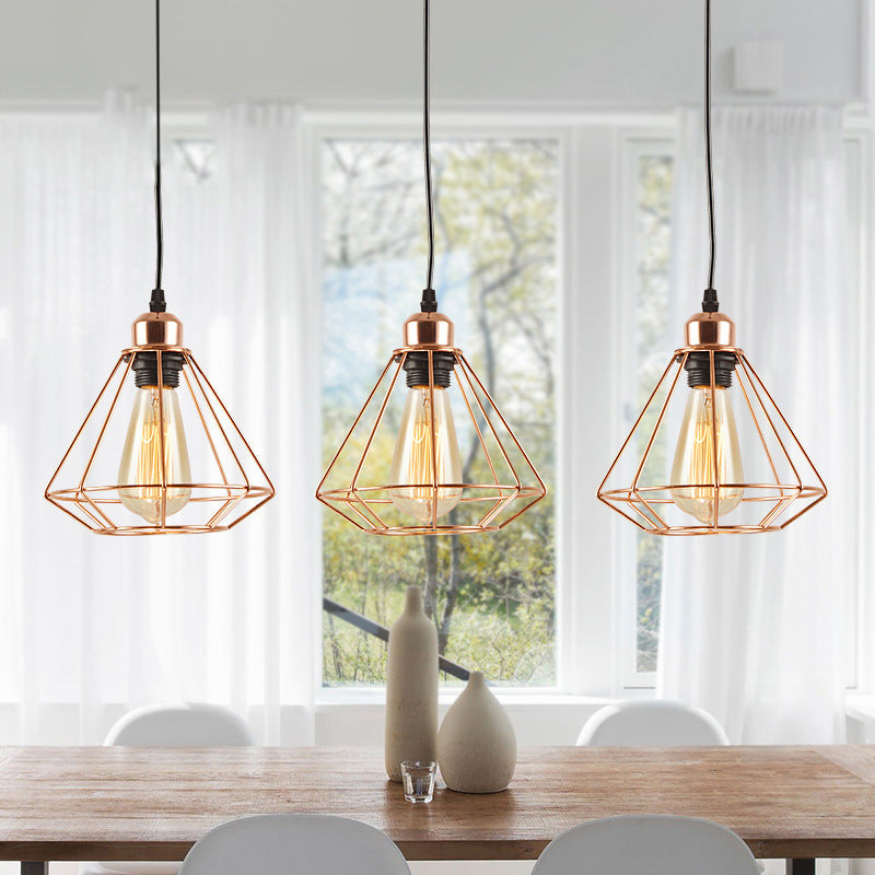 Rose Gold Iron Loft Style Dining Room Ceiling Lamp with Diamond Cage - 3 Heads, Multi Hanging, Round/Linear Canopy