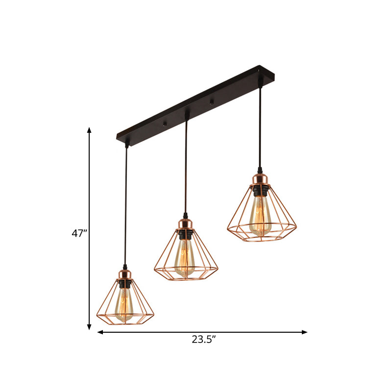 Rose Gold Iron Loft Style Dining Room Ceiling Lamp with Diamond Cage - 3 Heads, Multi Hanging, Round/Linear Canopy