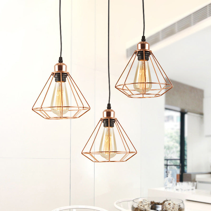 Rose Gold Loft Style Dining Room Ceiling Lamp With Multi Hanging Lights Diamond Cage And Canopy /