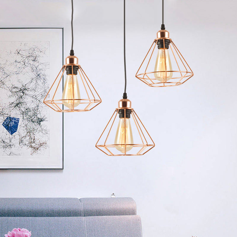 Rose Gold Loft Style Dining Room Ceiling Lamp With Multi Hanging Lights Diamond Cage And Canopy