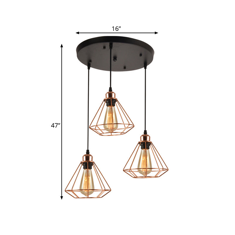 Rose Gold Loft Style Dining Room Ceiling Lamp With Multi Hanging Lights Diamond Cage And Canopy