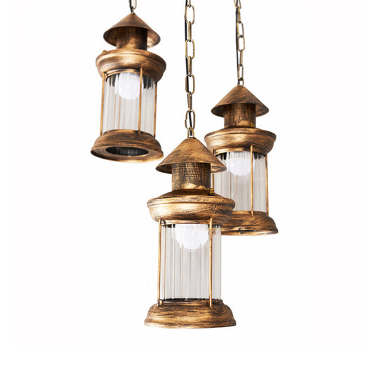 Coastal Kerosene 3-Head Pendant Lamp in Brass with Clear Ribbed Glass Shade