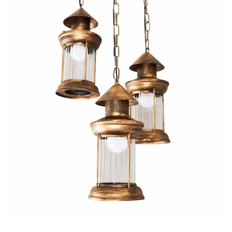 Coastal Kerosene 3-Head Pendant Lamp In Brass With Clear Ribbed Glass Shade