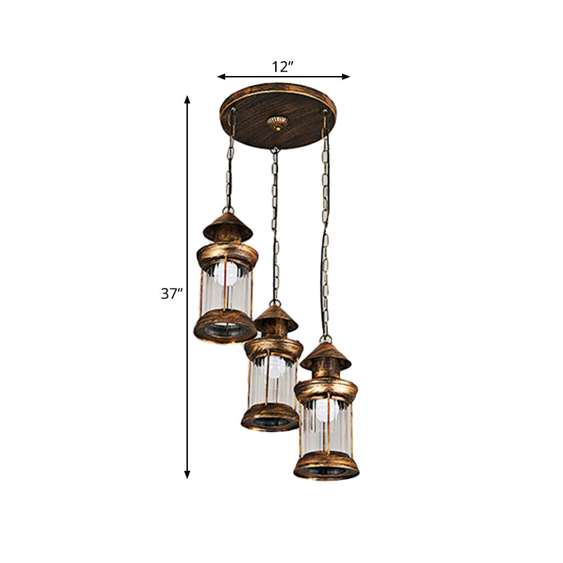 Coastal Kerosene 3-Head Pendant Lamp in Brass with Clear Ribbed Glass Shade