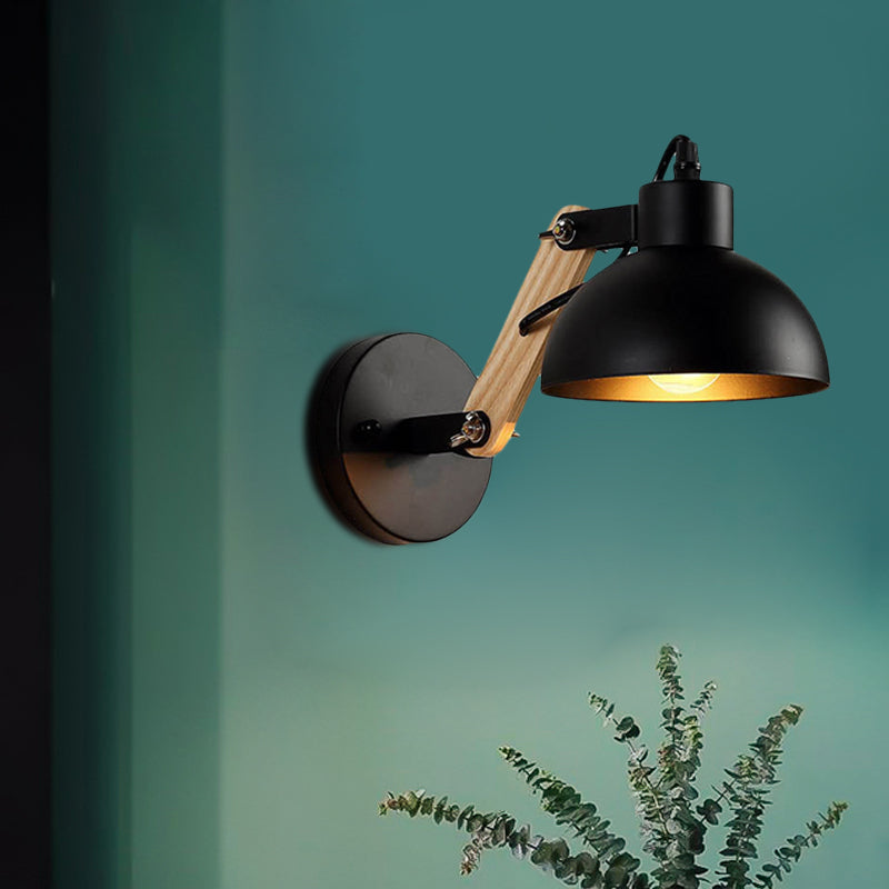 Nordic Rotatable Wall Light With Bowl Shade - 1-Light Metal Sconce In Black/White-Wood