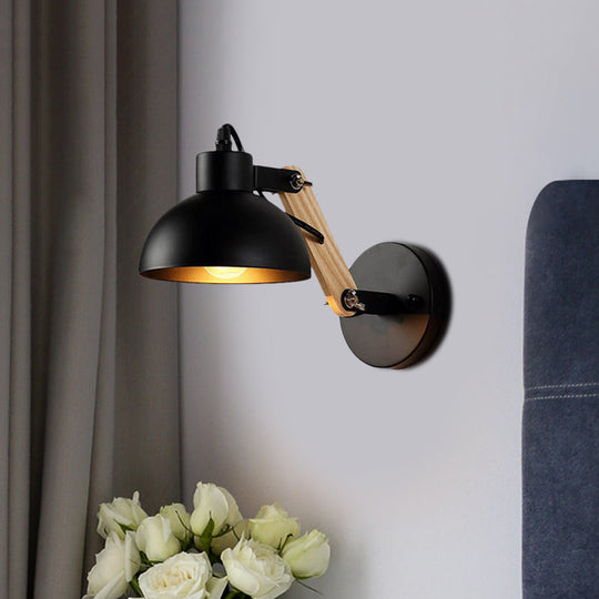 Nordic Rotatable Wall Light With Bowl Shade - 1-Light Metal Sconce In Black/White-Wood Black