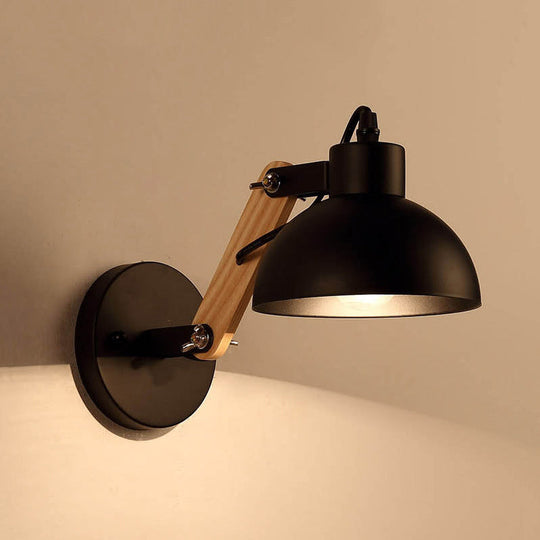 Nordic Rotatable Wall Light With Bowl Shade - 1-Light Metal Sconce In Black/White-Wood