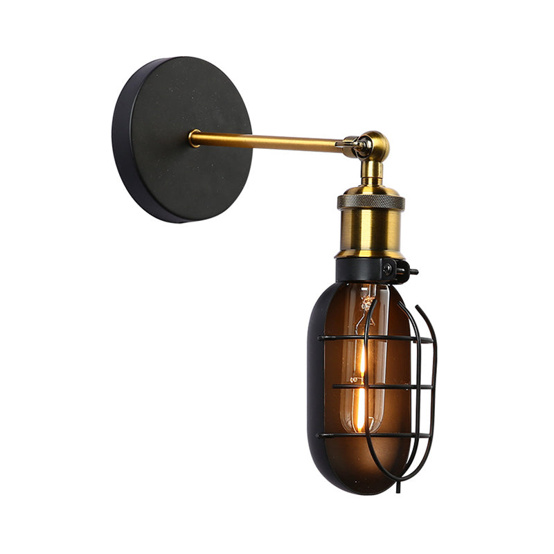 Industrial Metal Black And Brass Wall Lamp With Capsule Cage Design - 1 Head Sconce For Restaurant