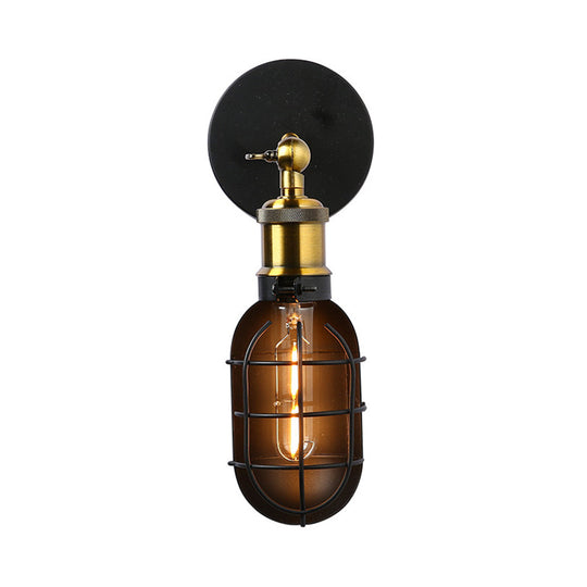 Industrial Metal Black And Brass Wall Lamp With Capsule Cage Design - 1 Head Sconce For Restaurant