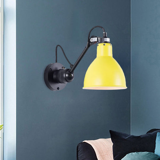 Industrial Black/Red/Yellow Swing Arm Wall Reading Lamp Single Bowl Shade Sconce Light