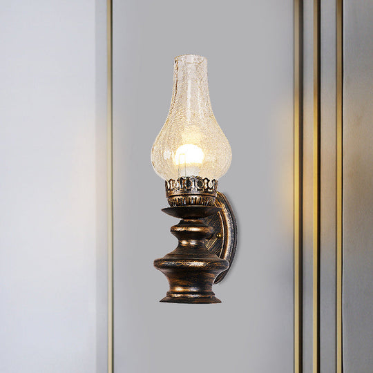 Vintage Kerosene Sconce With Clear Crackle Glass And Brass Wall Mount