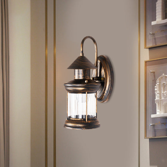 Coastal Brass Metallic Lantern Wall Mount Lamp With Curvy Arm - 1 Bulb Sconce