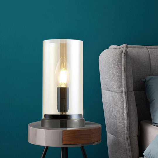 Modern Black Table Lamp With Clear Glass Cylinder Shade Perfect For Living Room Or Bedroom Lighting