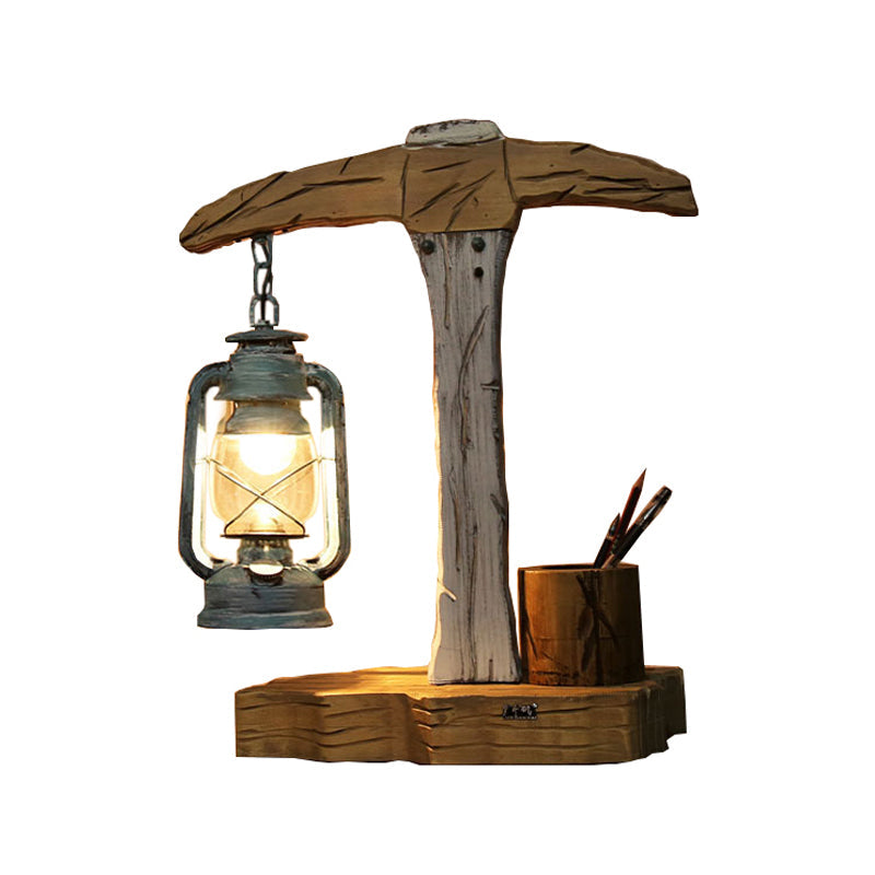 Coastal Beige Wooden Nightstand Lamp With Axe Shape: Pen Container And Table Light