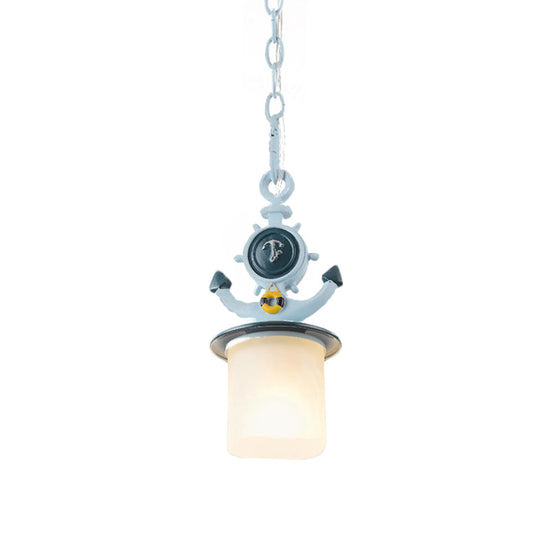 Frosted Glass Cylinder Pendant Light- Kids 1-Head Blue Suspension Lamp With Anchor Design- Living