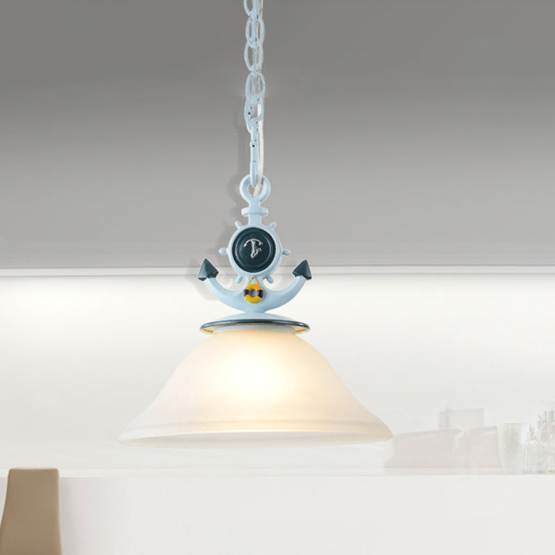 Blue Anchor Frosted Glass Bell Hanging Light For Kids Room