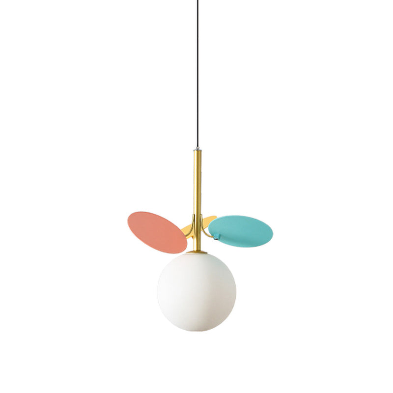 Nordic Globe Suspension Light - White Glass 1-Bulb Bedroom Pendant Lamp With Red And Blue Accents