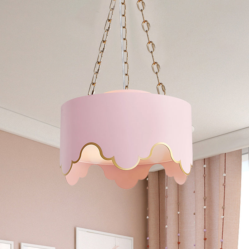 Kids Pink Drum Pendant Ceiling Light: Ruffled Edge Iron 1-Bulb Suspension Lamp For Nursery