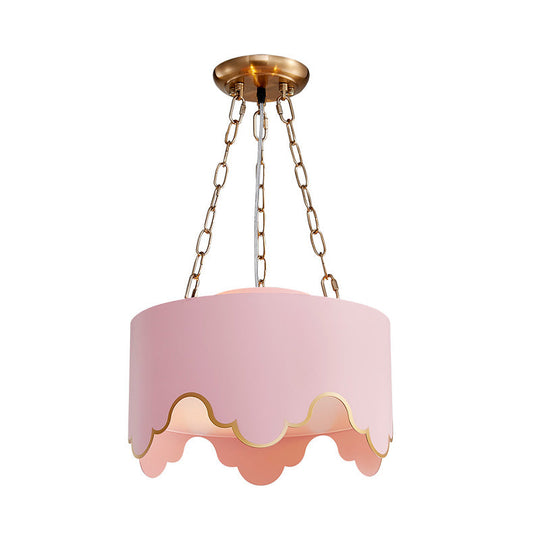 Kids Pink Drum Pendant Ceiling Light: Ruffled Edge Iron 1-Bulb Suspension Lamp For Nursery