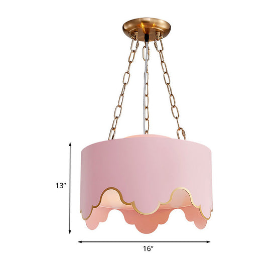 Kids Pink Drum Pendant Ceiling Light: Ruffled Edge Iron 1-Bulb Suspension Lamp For Nursery