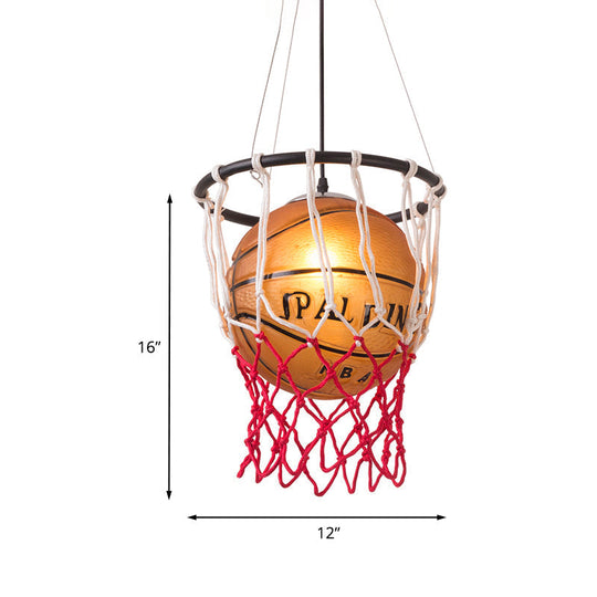 Kids Brown Basketball Ceiling Light With Acrylic Shade 1-Light Restaurant Hanging Lamp