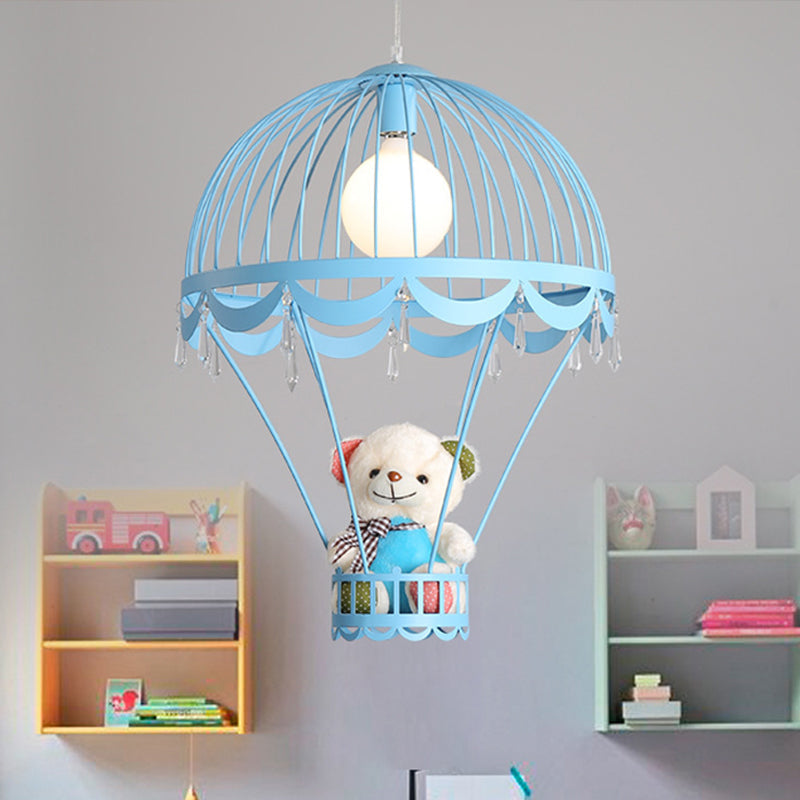 Kids Hot Air Balloon Ceiling Light - Pink/Blue Hanging Pendant Lamp With Bear Decoration