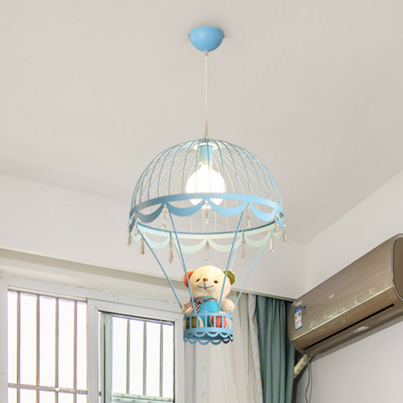 Kids Hot Air Balloon Ceiling Light - Pink/Blue Hanging Pendant Lamp With Bear Decoration