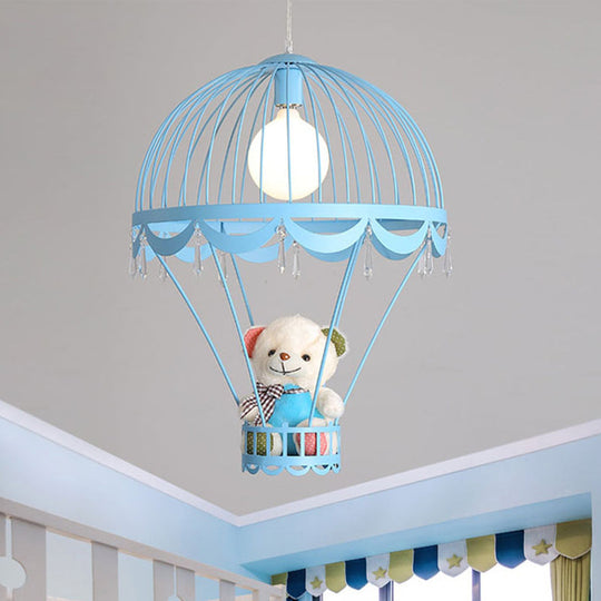 Kids Hot Air Balloon Ceiling Light - Pink/Blue Hanging Pendant Lamp With Bear Decoration