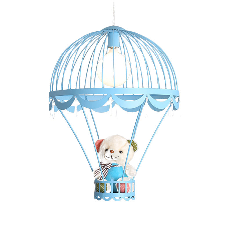 Kids Hot Air Balloon Ceiling Light - Pink/Blue Hanging Pendant Lamp With Bear Decoration