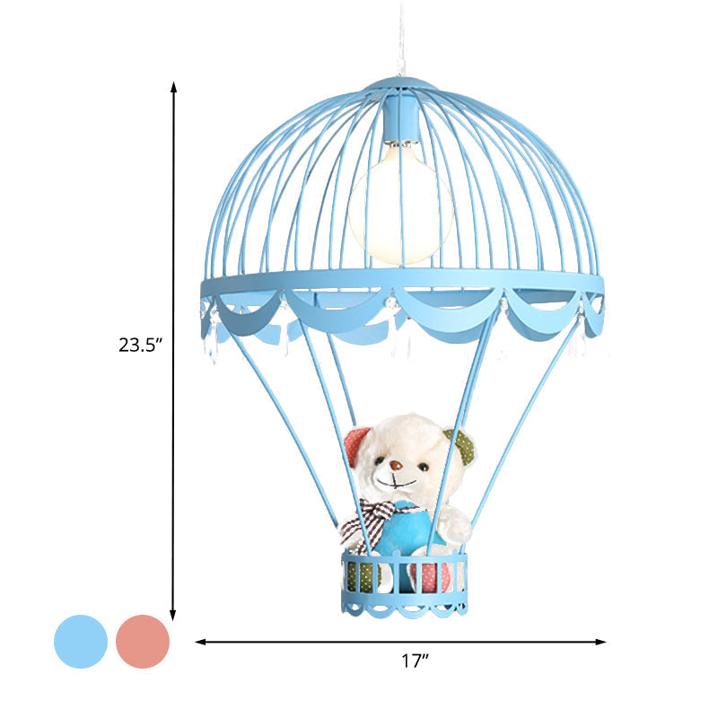 Kids Hot Air Balloon Ceiling Light - Pink/Blue Hanging Pendant Lamp With Bear Decoration