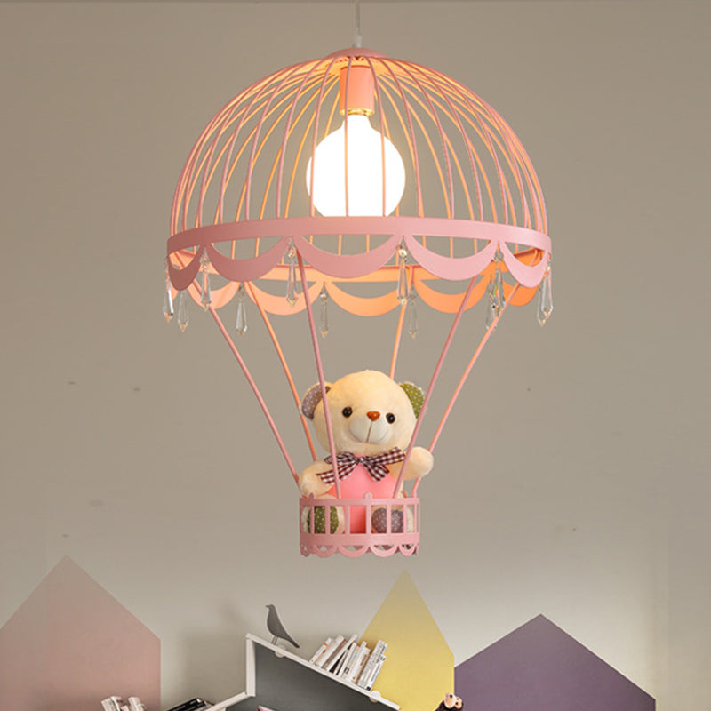 Kids Hot Air Balloon Ceiling Light - Pink/Blue Hanging Pendant Lamp With Bear Decoration