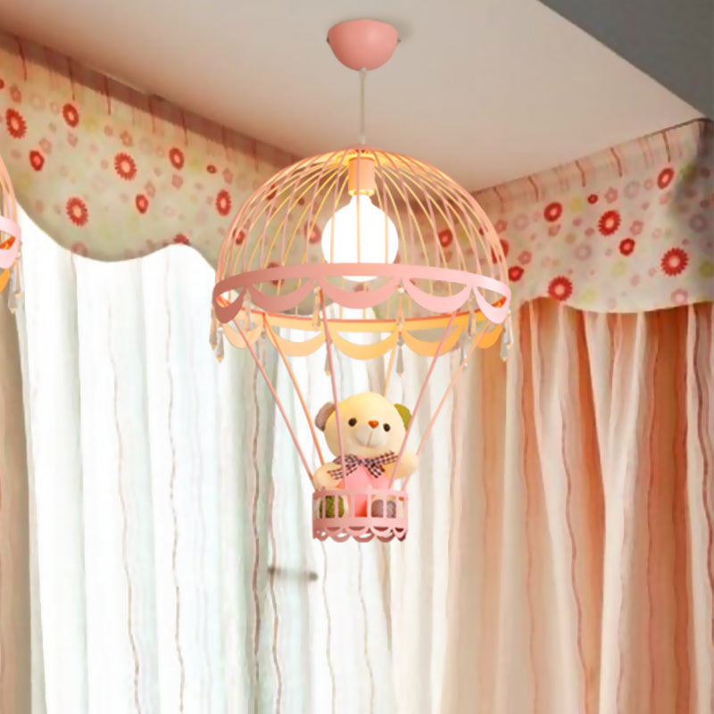 Kids Hot Air Balloon Ceiling Light - Pink/Blue Hanging Pendant Lamp With Bear Decoration