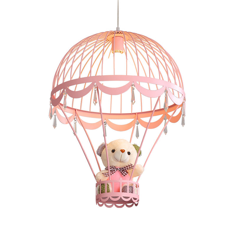 Kids Hot Air Balloon Ceiling Light - Pink/Blue Hanging Pendant Lamp With Bear Decoration