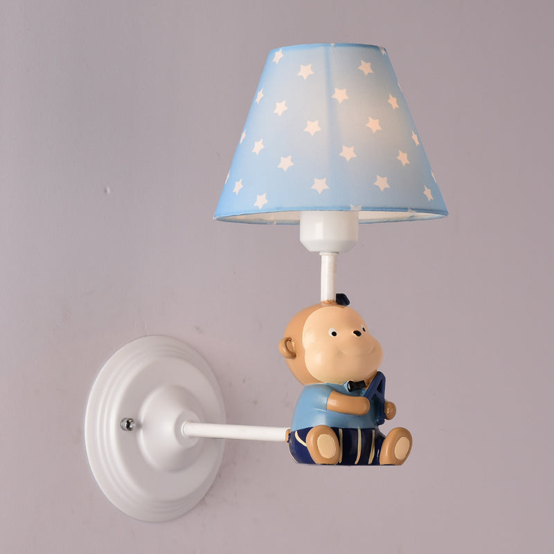 Kids Cone Bedside Wall Light In Blue/Red - Cartoon Sconce With Little Bear Decor