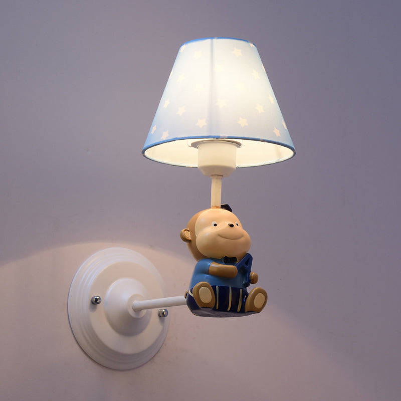 Kids Cone Bedside Wall Light In Blue/Red - Cartoon Sconce With Little Bear Decor