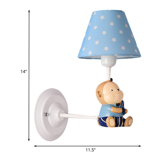 Kids Cone Bedside Wall Light In Blue/Red - Cartoon Sconce With Little Bear Decor