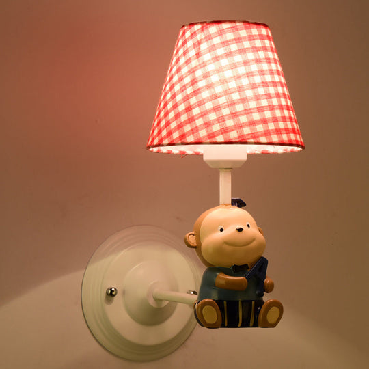 Kids Cone Bedside Wall Light In Blue/Red - Cartoon Sconce With Little Bear Decor