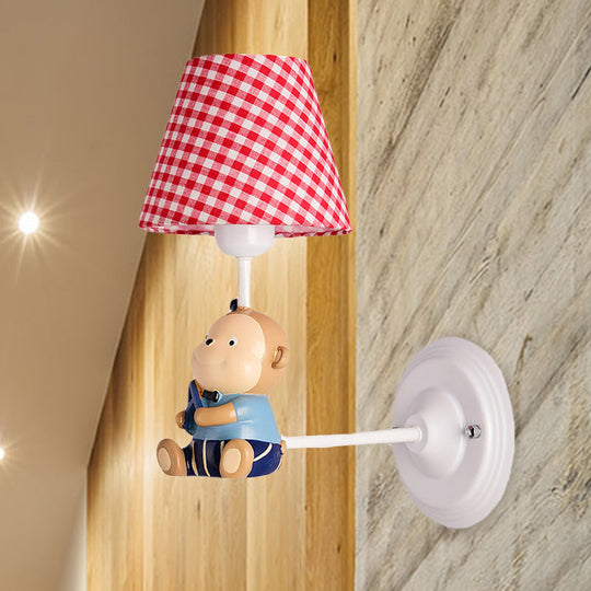 Kids Cone Bedside Wall Light In Blue/Red - Cartoon Sconce With Little Bear Decor