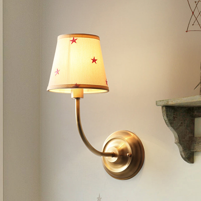 Kids White Wall Light Kit With Conical Star Patterned Fabric Sconce Brass Curvy Arm & 1 Bulb