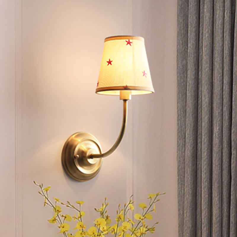 Kids White Wall Light Kit With Conical Star Patterned Fabric Sconce Brass Curvy Arm & 1 Bulb