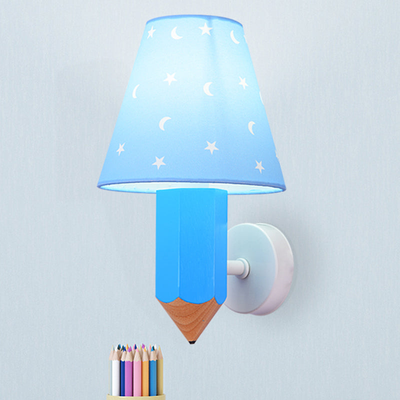 Blue Kids Pencil Wooden Wall Sconce With Conic Lamp Shade - Single-Bulb Light Fixture