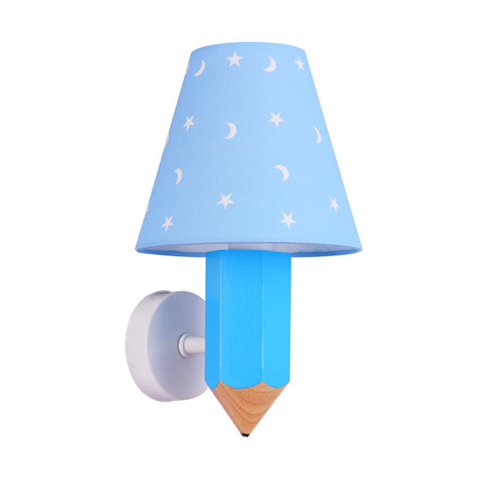 Blue Kids Pencil Wooden Wall Sconce With Conic Lamp Shade - Single-Bulb Light Fixture