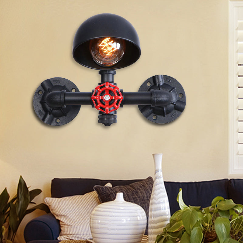 Steampunk Domed Wall Lamp: Valve Wheel Fixture Metallic 1 Head Black - Perfect For Living Room