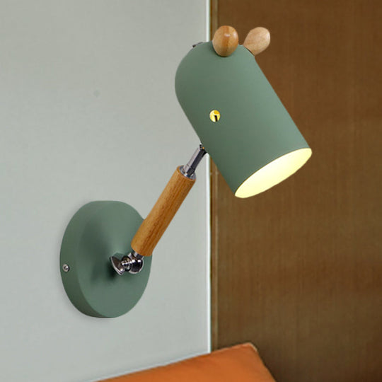 Iron Swing Arm Wall Lamp Kids Sconce Fixture - White/Green/Grey Wood 1 Bulb Venting Hole