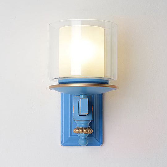 Kids Clear And Frosted Glass Wall Lamp Kit With Blue Arm - Child Room Sconce Fixture 2 Shades 1 Head