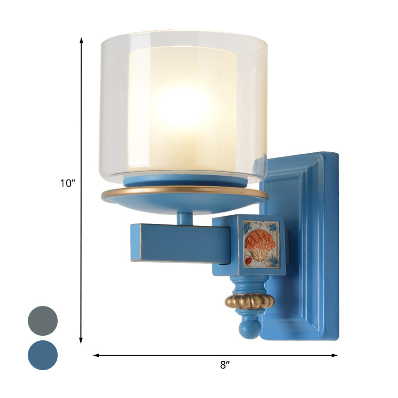 Kids Clear And Frosted Glass Wall Lamp Kit With Blue Arm - Child Room Sconce Fixture 2 Shades 1 Head