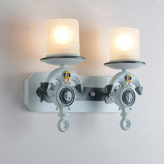 Kids Water Blue Glass Sconce With Anchor Arm - Wall-Mounted Half-Bulb Lamp 2 /