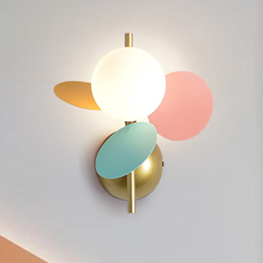 Macaron Style Iron Sconce - Leaf Bedside Wall Lighting In White With Multicolored Glass Shade