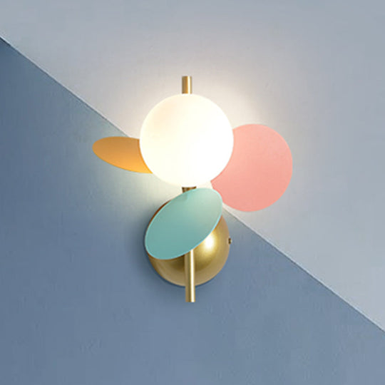 Macaron Style Iron Sconce - Leaf Bedside Wall Lighting In White With Multicolored Glass Shade